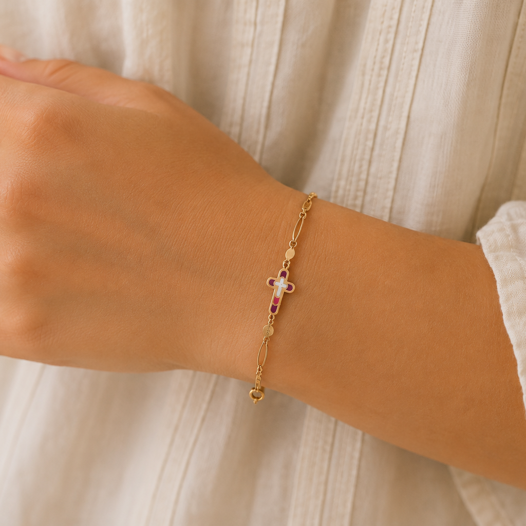 Pink Enamel Cross Bracelet