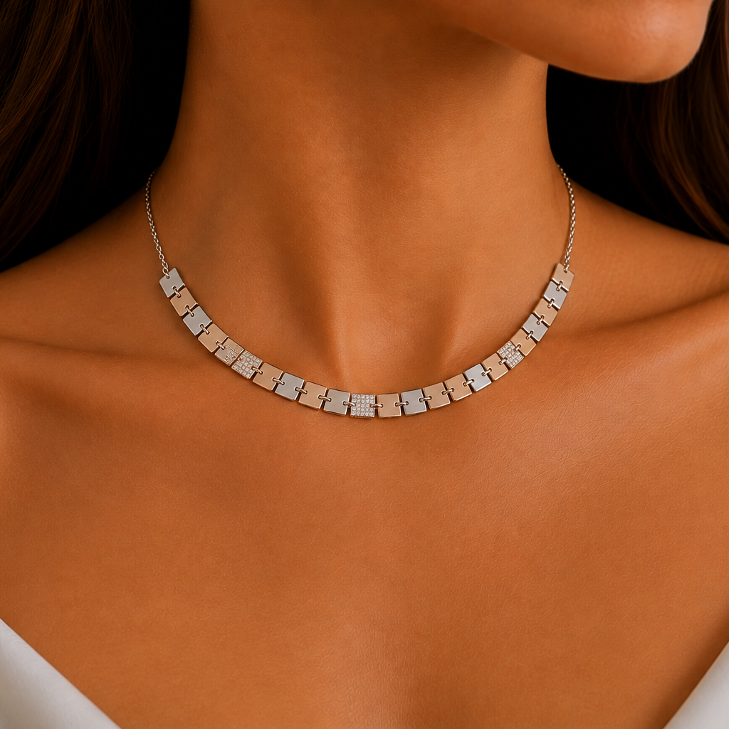 Rose and White Pave Squares Necklace