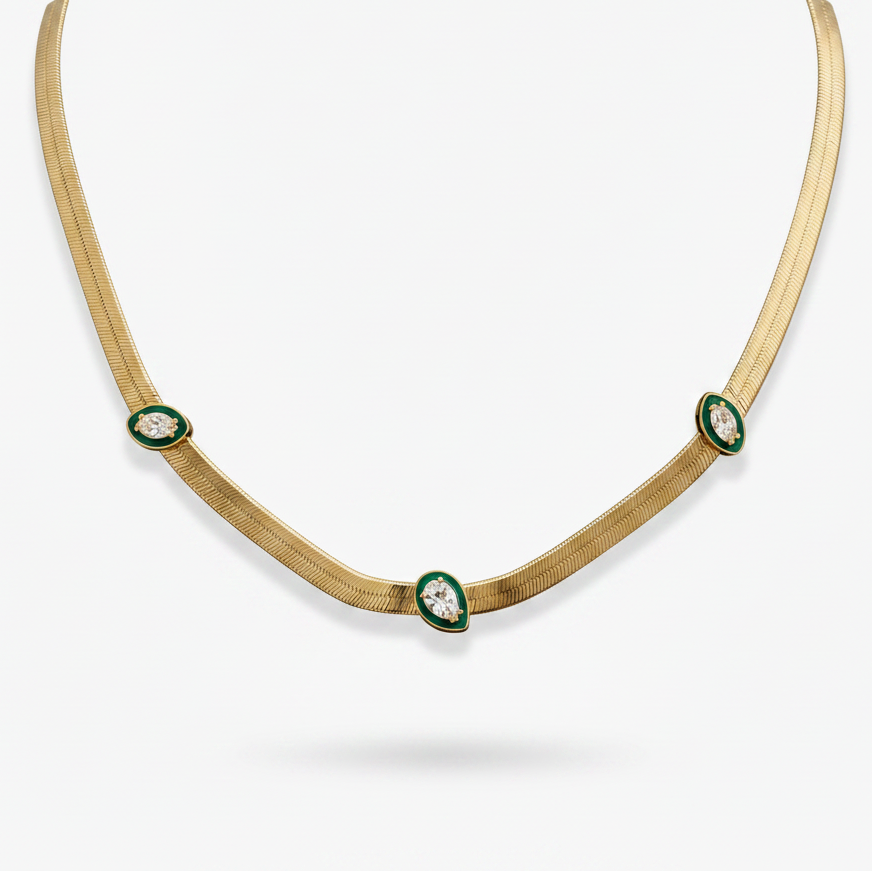 Flat Chain with Green framed Diamonds