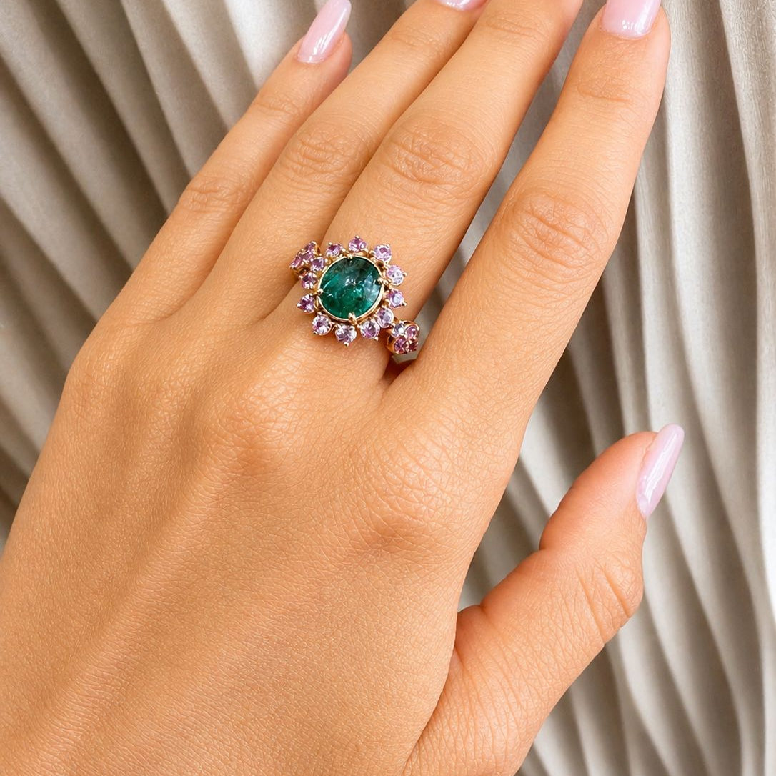 Cabochon Emerald and Pink Sapphires Ring