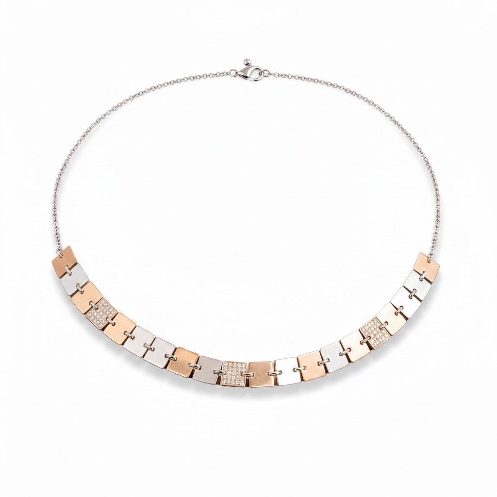 Rose and White Pave Squares Necklace